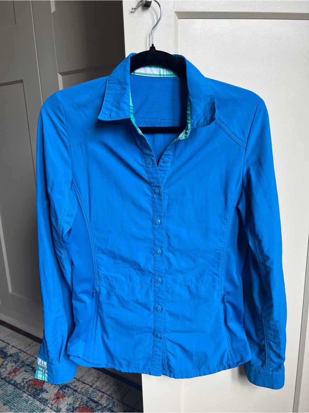 KÜHL Blue Long Sleeve Convertible Button Down Hiking Shirt with Plaid Trim XS